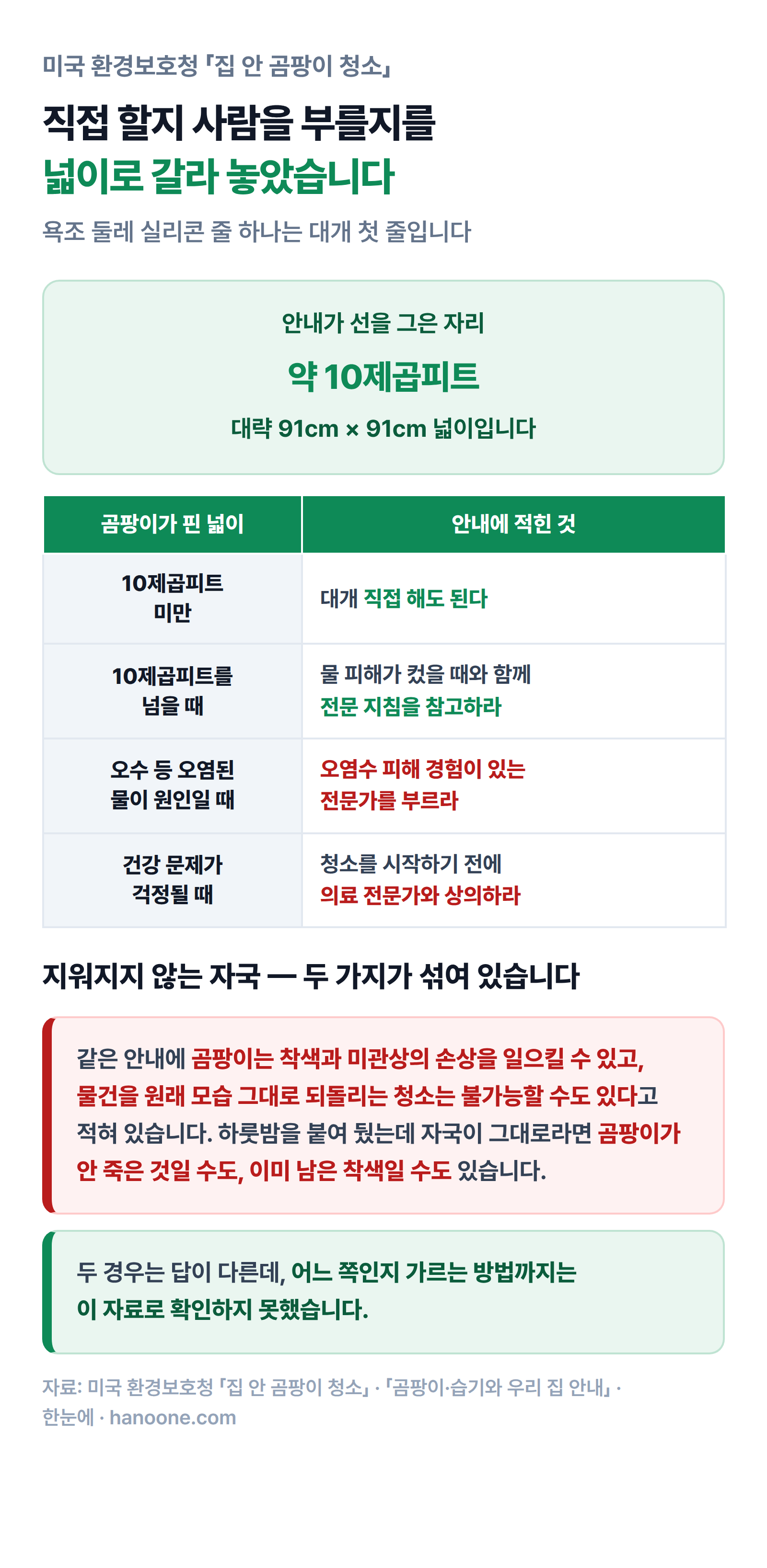 직접 할지 전문가를 부를지를 가르는 환경보호청의 넓이 기준 네 줄과 착색 관련 문장을 정리한 인포그래픽