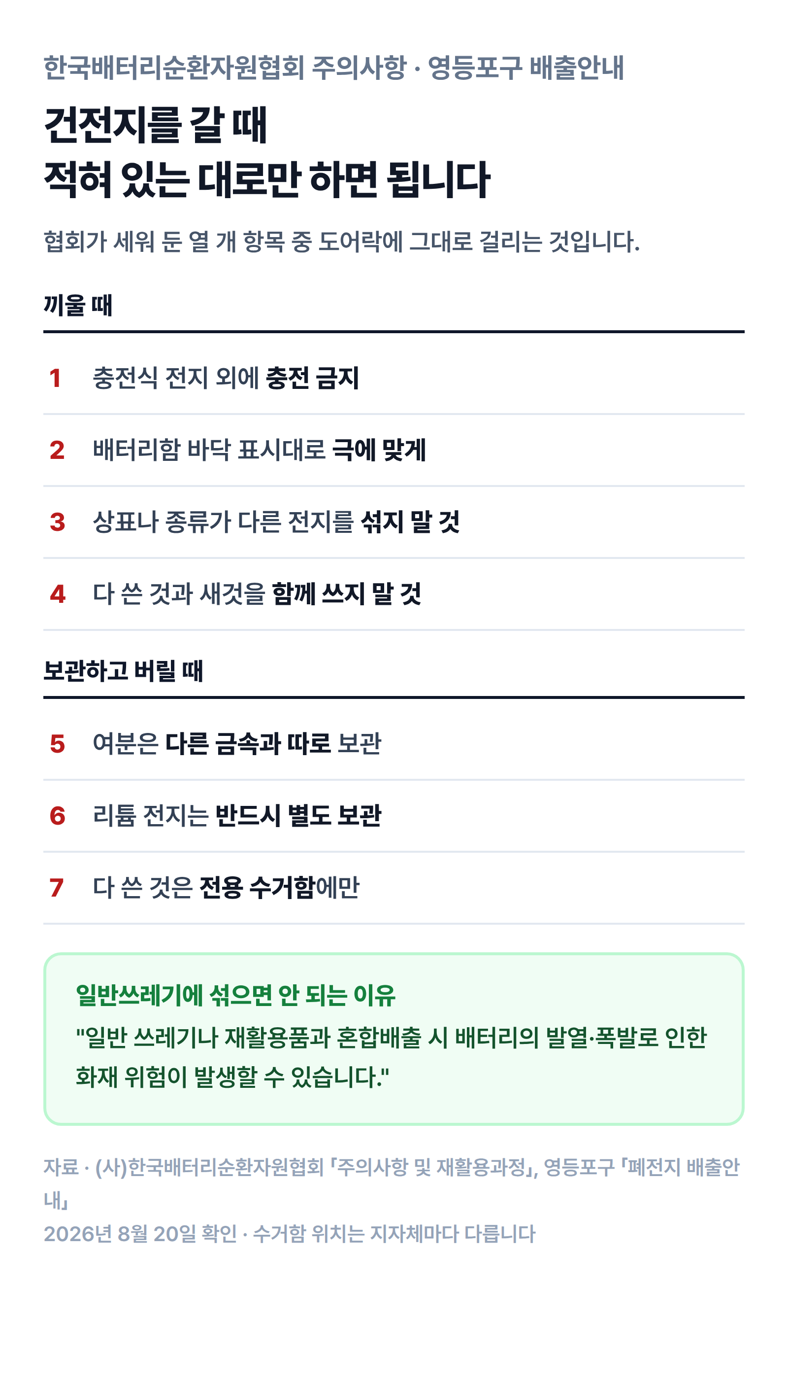 건전지를 끼울 때와 보관·배출할 때 지켜야 할 일곱 가지를 한국배터리순환자원협회 주의사항에서 뽑아 정리한 표