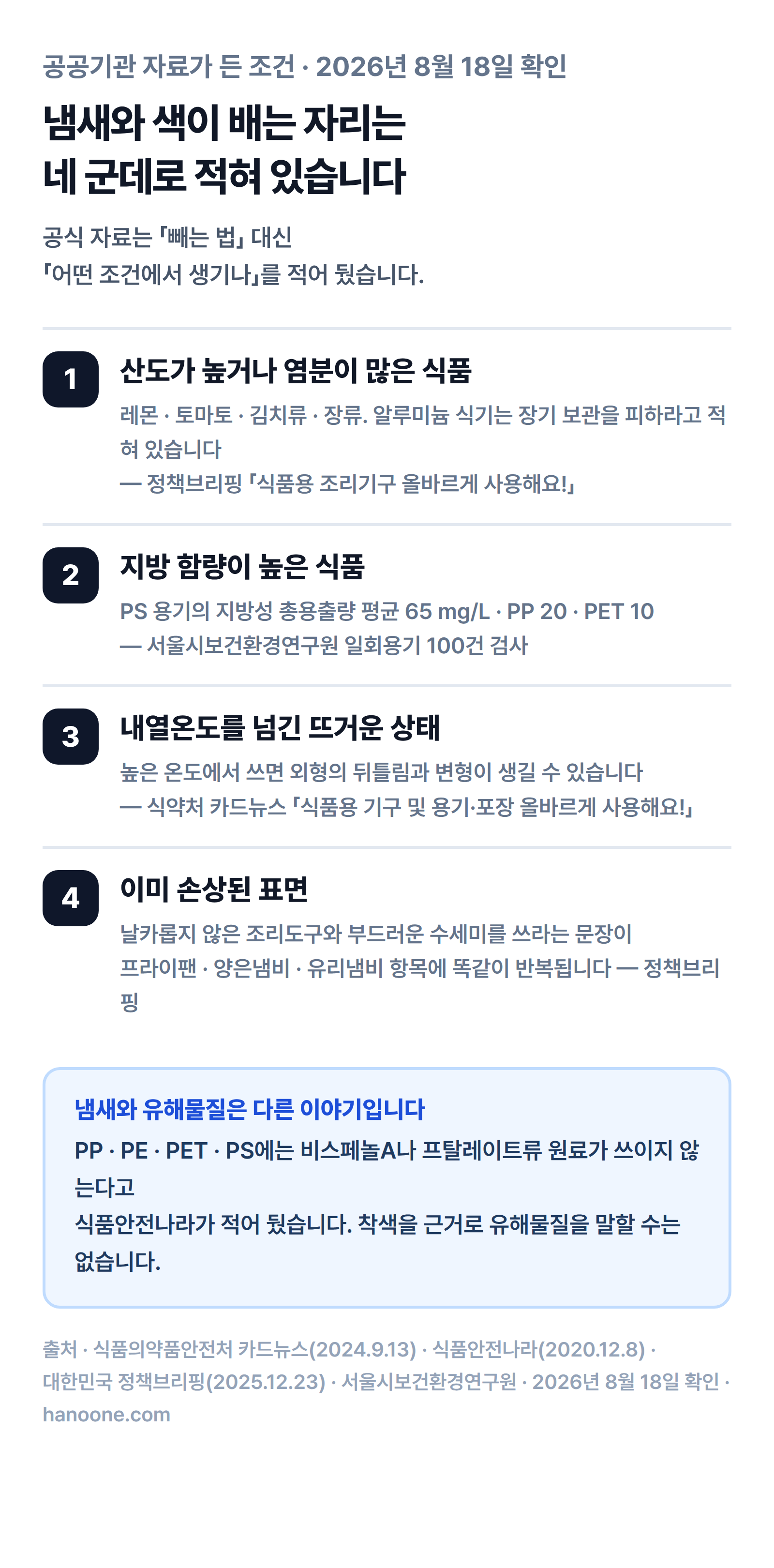 밀폐용기에 냄새와 색이 배는 조건 네 가지를 정리한 그림