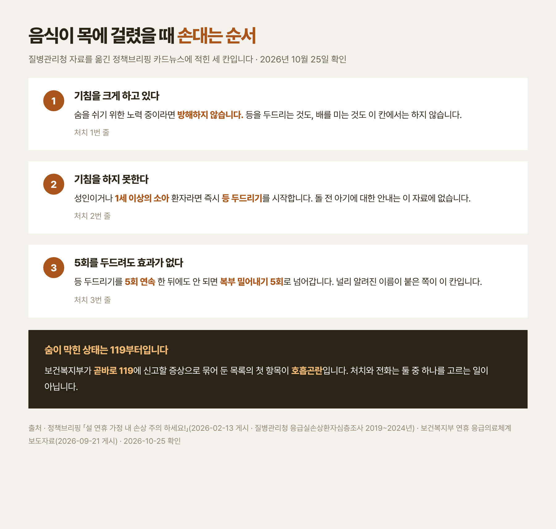 기도폐쇄 처치 세 칸 — 기침을 하고 있으면 손대지 않습니다