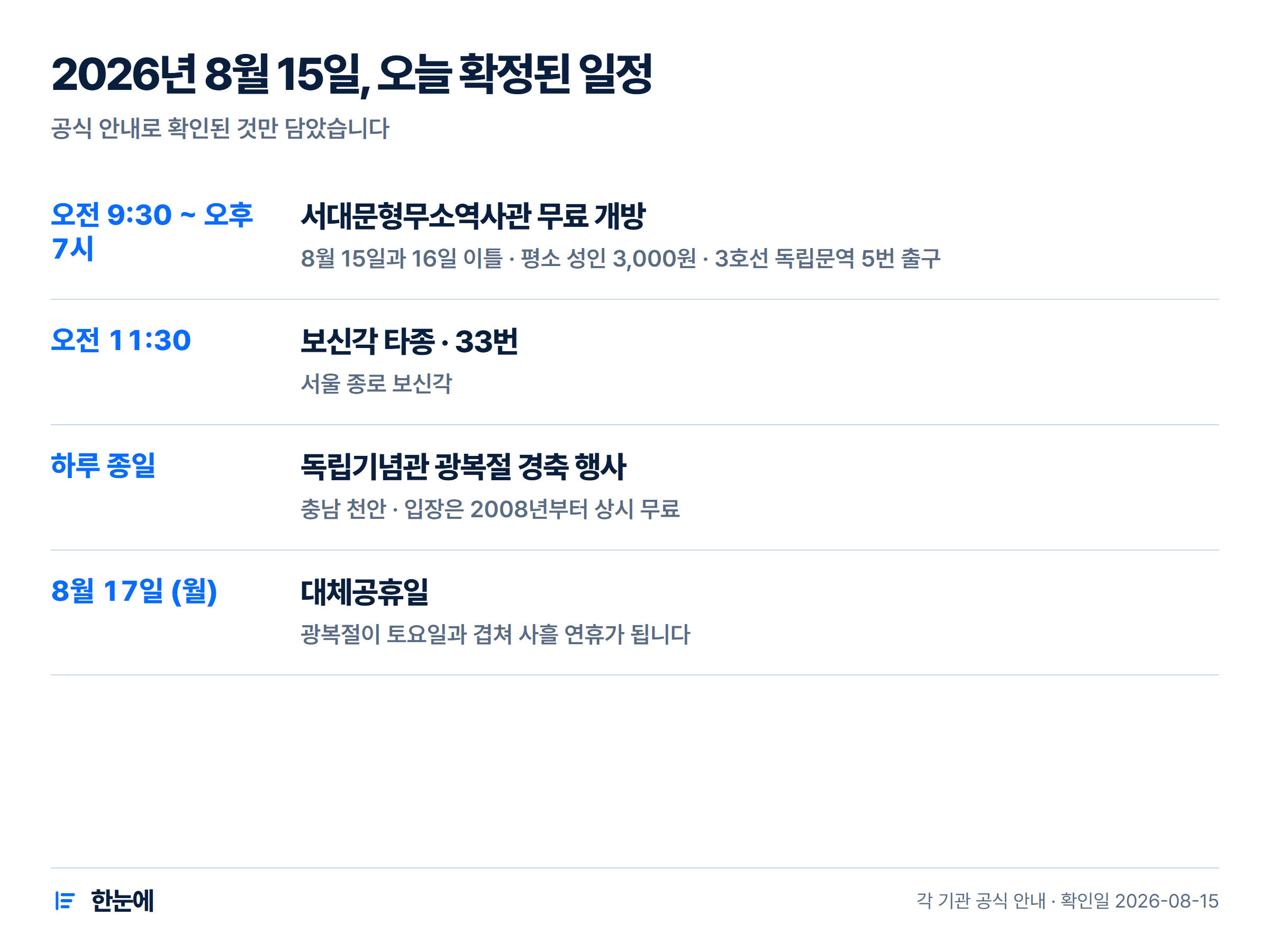 보신각 타종 행사와 서대문형무소역사관 무료개방 정보를 정리한 인포그래픽