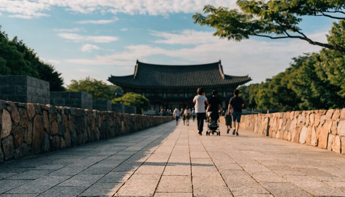 넓은 야외 기념 광장의 돌길과 멀리 보이는 전통 지붕 건물