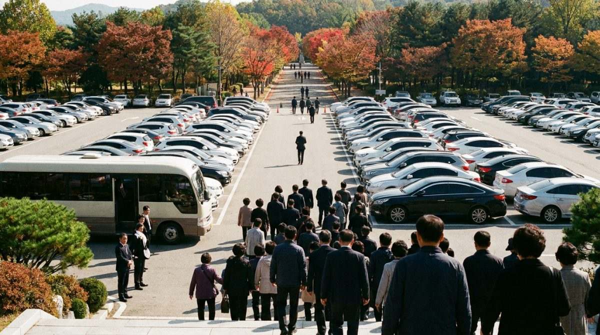 명절 추모공원 주차장에 늘어선 차량과 대기 중인 셔틀버스