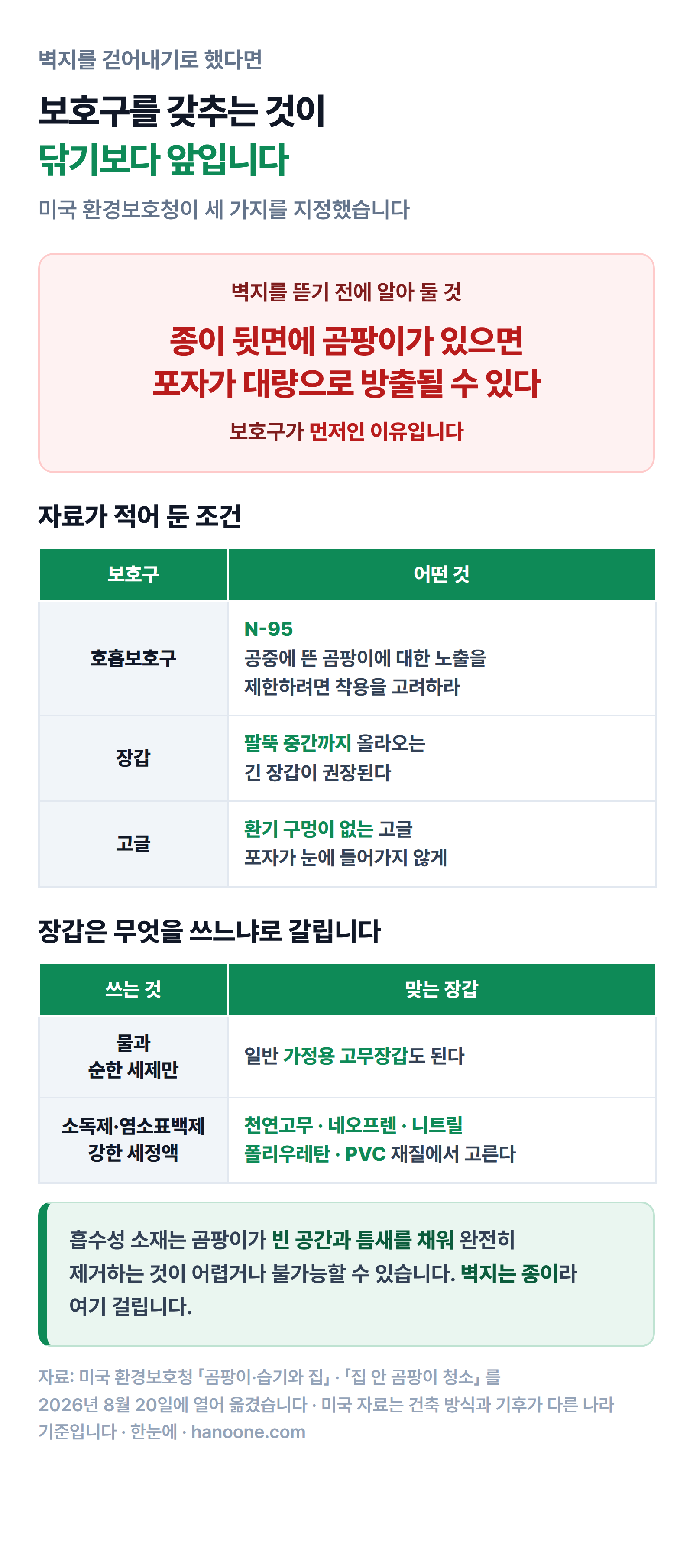 미국 환경보호청이 지정한 보호구 세 가지인 N-95 호흡보호구와 팔뚝 중간까지 오는 긴 장갑, 환기 구멍이 없는 고글의 조건과 물·순한 세제를 쓸 때와 소독제·염소표백제를 쓸 때 장갑 재질이 갈리는 기준을 정리한 표